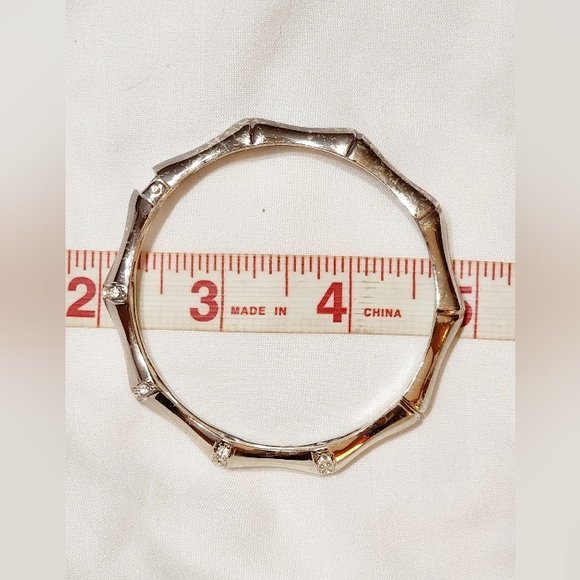 2 Hinge Bangle Bracelets Black Enamel w/Crystals & Bamboo Silvertone w/Crystals - Picture 9 of 13
